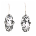 Sterling silver white topaz earrings, large faceted clear oval stone in ornate claw filigree setting, French wire hooks