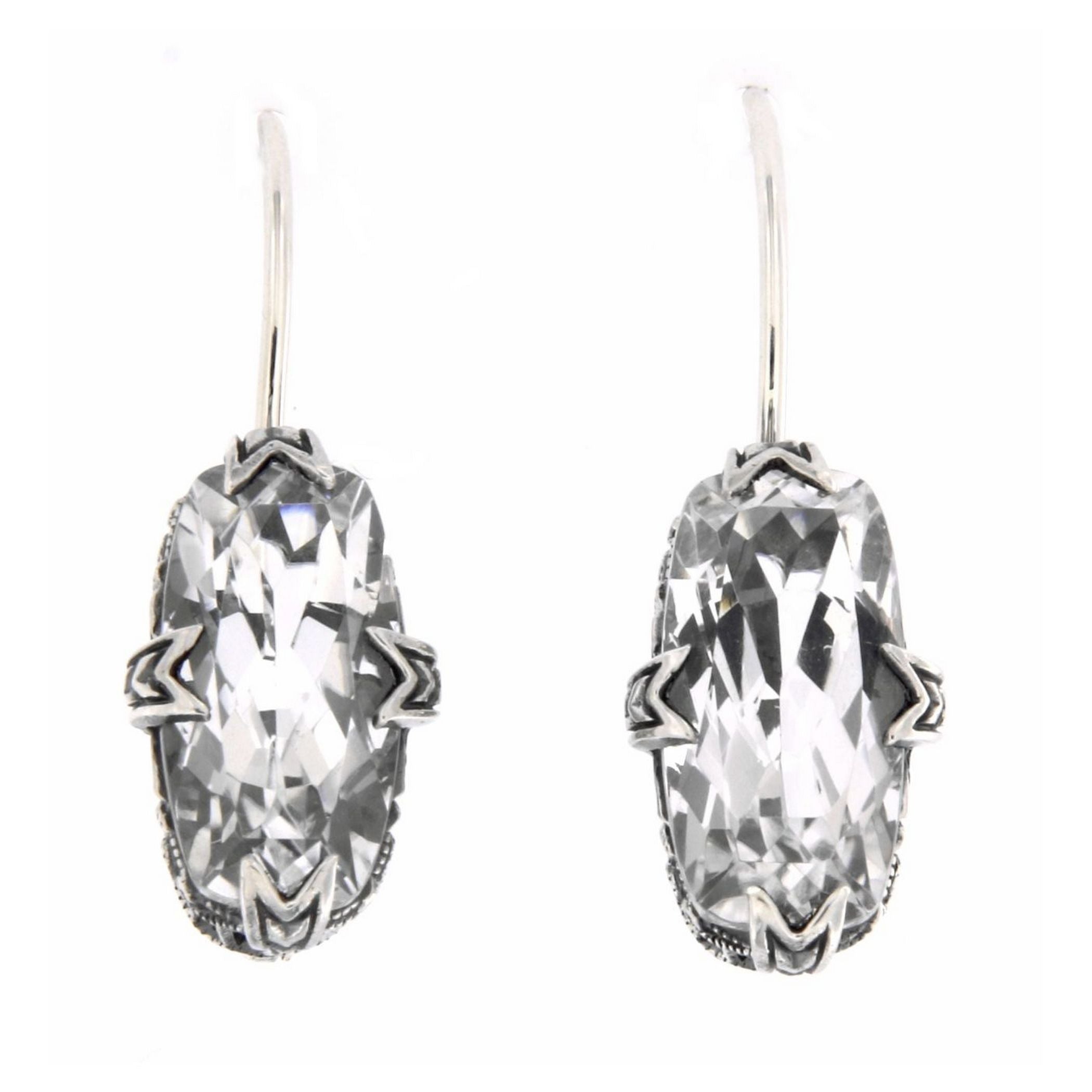 Sterling silver white topaz earrings, large faceted clear oval stone in ornate claw filigree setting, French wire hooks