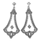 Art Deco chandelier drop earrings, inverted triangle oxidized scrollwork, diamond accent, ornate post, sterling silver