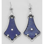 Back view of Lovely Art Deco Style Blue Lapis Lazuli Filigree Drop Earrings showing 925 sterling silver hallmark and French wire hooks