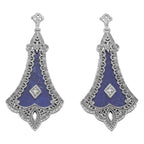 Art Deco chandelier earrings, blue lapis lazuli with filigree border frame, diamond accent, ornate post, sterling silver