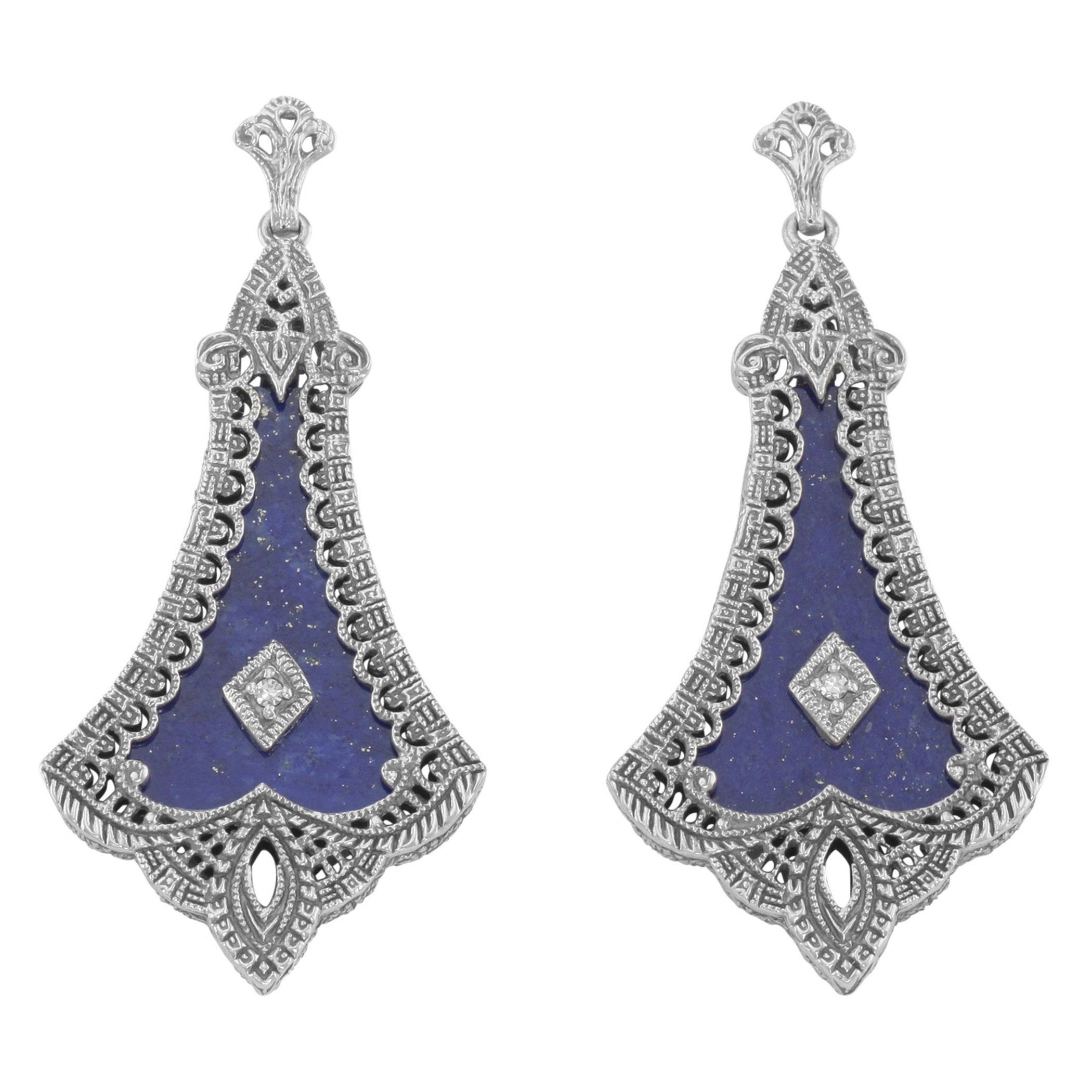 Art Deco chandelier earrings, blue lapis lazuli with filigree border frame, diamond accent, ornate post, sterling silver