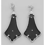 Back view of Art Deco Style Black Onyx Filigree Earrings with Diamond showing 925 sterling silver hallmark and French wire hooks