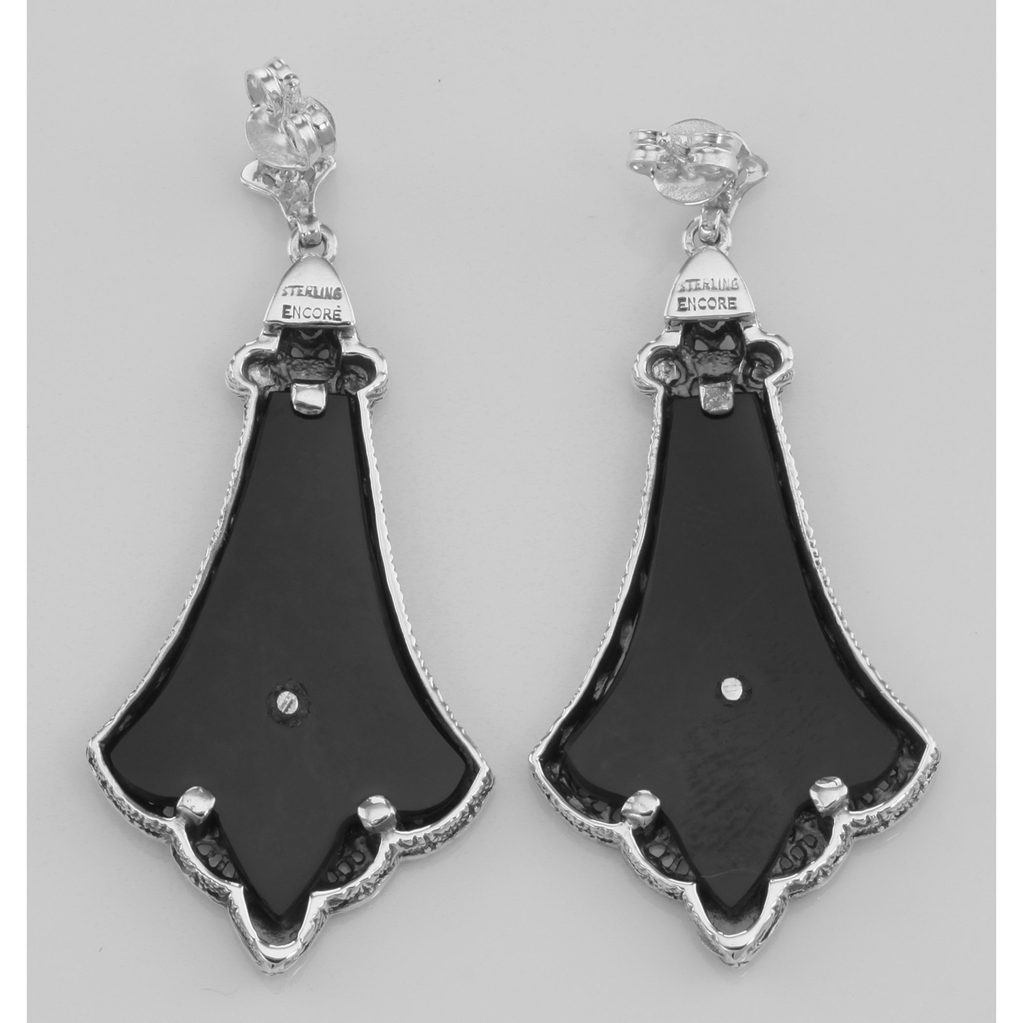 Back view of Art Deco Style Black Onyx Filigree Earrings with Diamond showing 925 sterling silver hallmark and French wire hooks