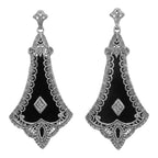 Art Deco chandelier earrings, black onyx with filigree border frame, diamond accent center, ornate post, sterling silver
