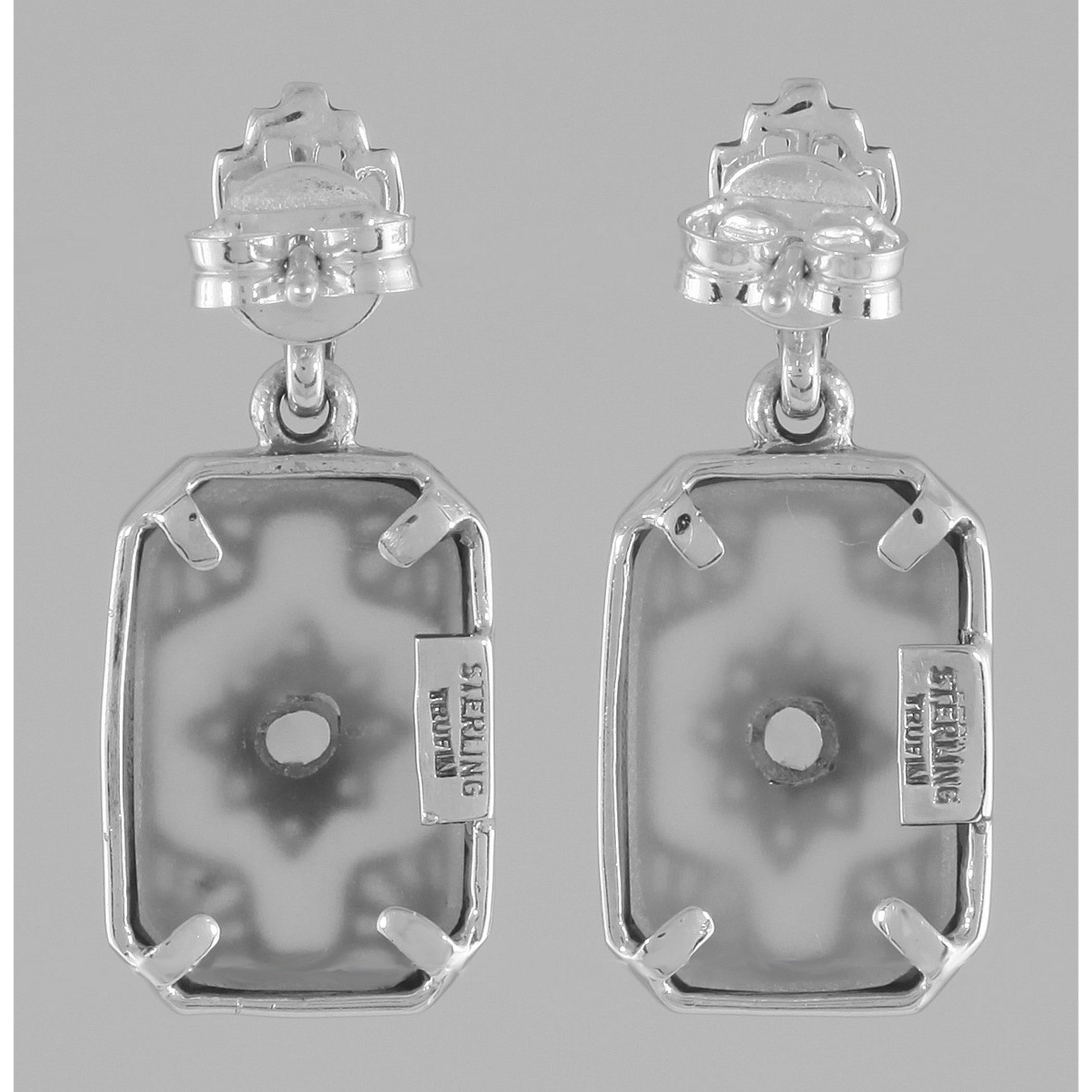 Back view of Victorian Style Camphor Glass / Diamond Filigree Earrings showing 925 sterling silver hallmark and French wire hooks