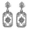 Victorian camphor glass dangle earrings, rectangular open filigree frame, star diamond center, crown post, sterling silver