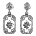 Victorian camphor glass dangle earrings, rectangular open filigree frame, star diamond center, crown post, sterling silver