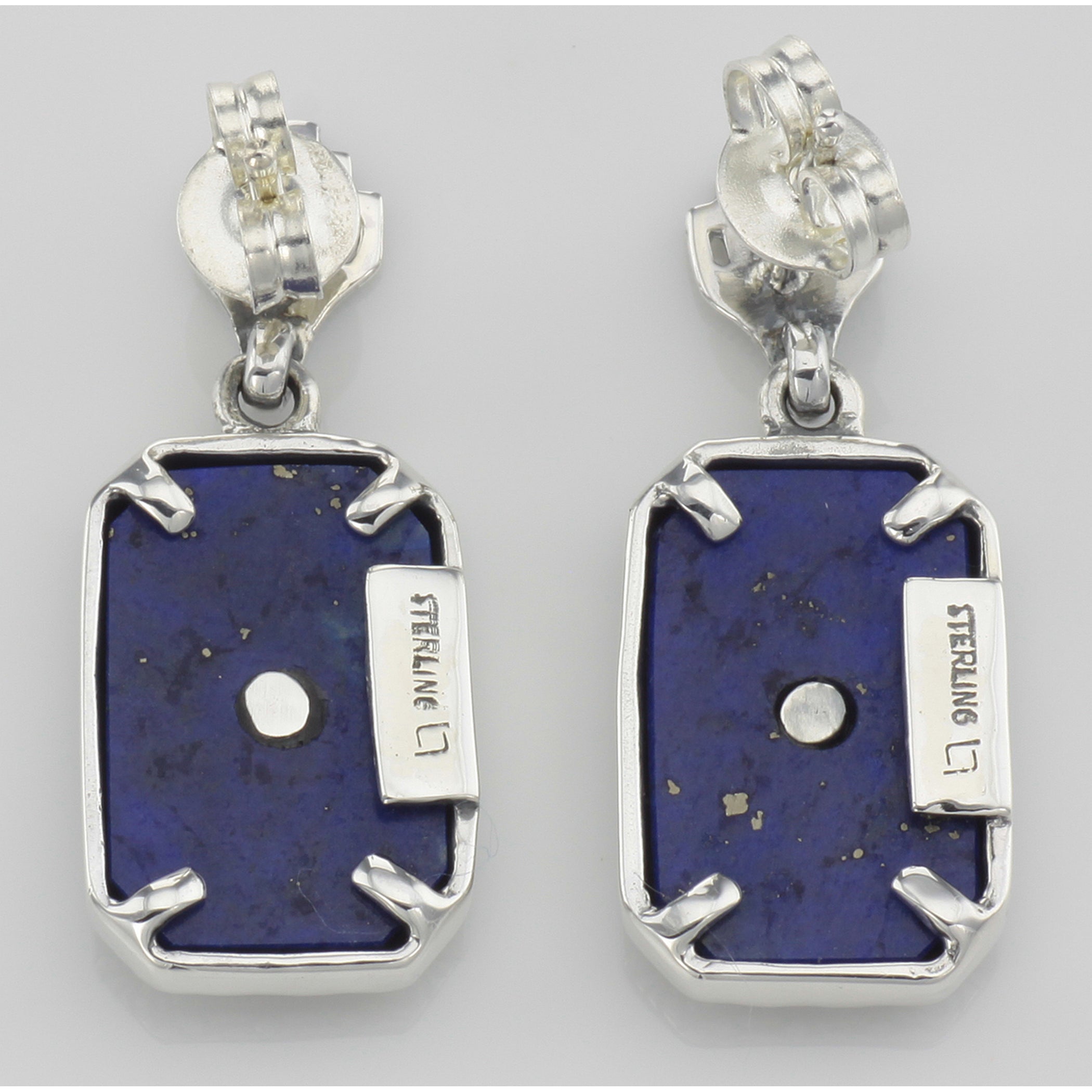 Back view of Victorian Style Blue Lapis and Diamond Filigree Earrings showing 925 sterling silver hallmark and French wire hooks