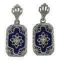 Victorian blue lapis lazuli dangle earrings, filigree rectangle frame, star diamond center, crown post stud, sterling silver