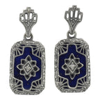 Victorian blue lapis lazuli dangle earrings, filigree rectangle frame, star diamond center, crown post stud, sterling silver