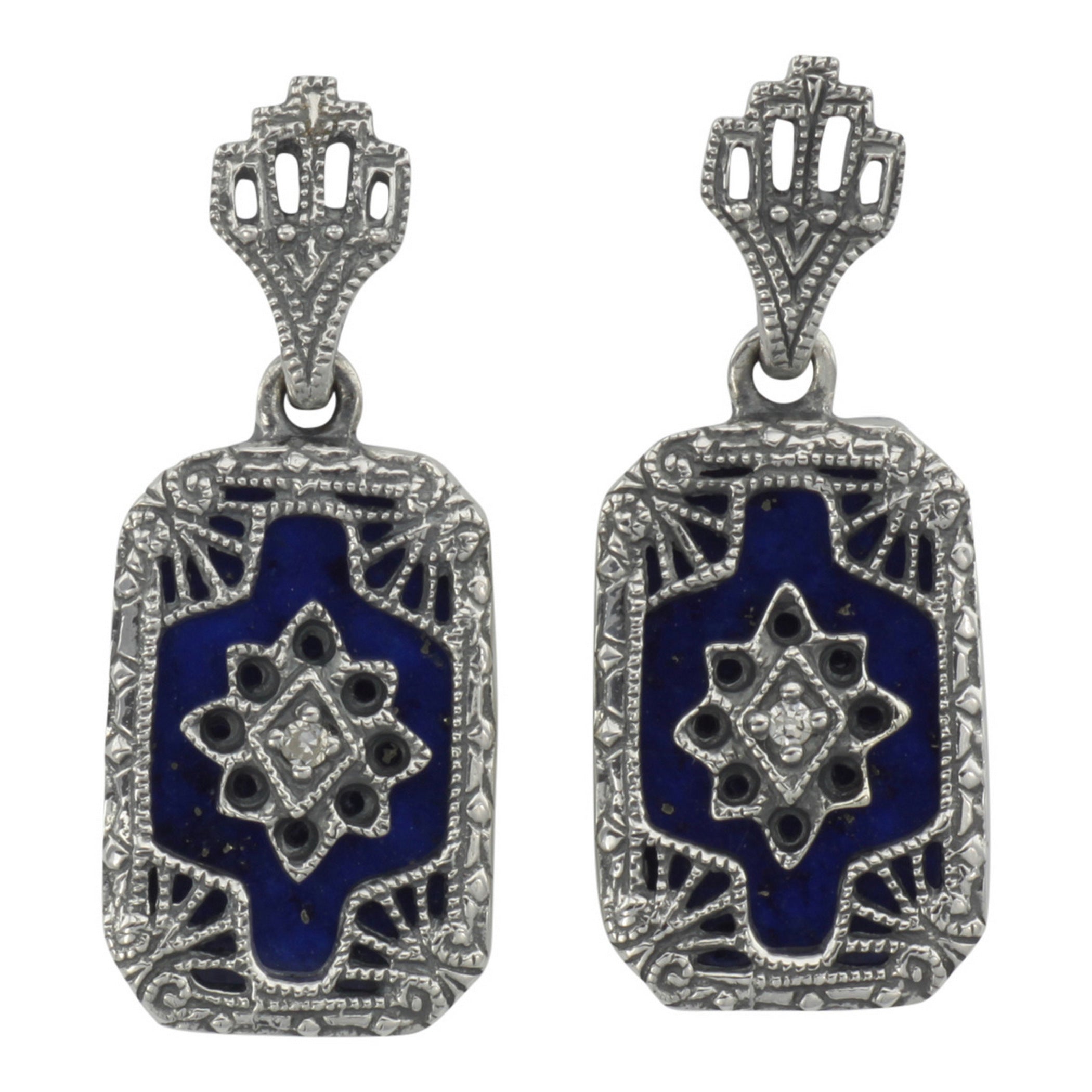 Victorian blue lapis lazuli dangle earrings, filigree rectangle frame, star diamond center, crown post stud, sterling silver