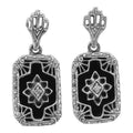 Victorian black onyx dangle earrings, rectangular filigree frame, star diamond center, crown post stud, sterling silver