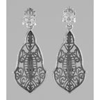 Back view of Victorian Style Diamond Filigree Drop Earrings showing 925 sterling silver hallmark and French wire hooks