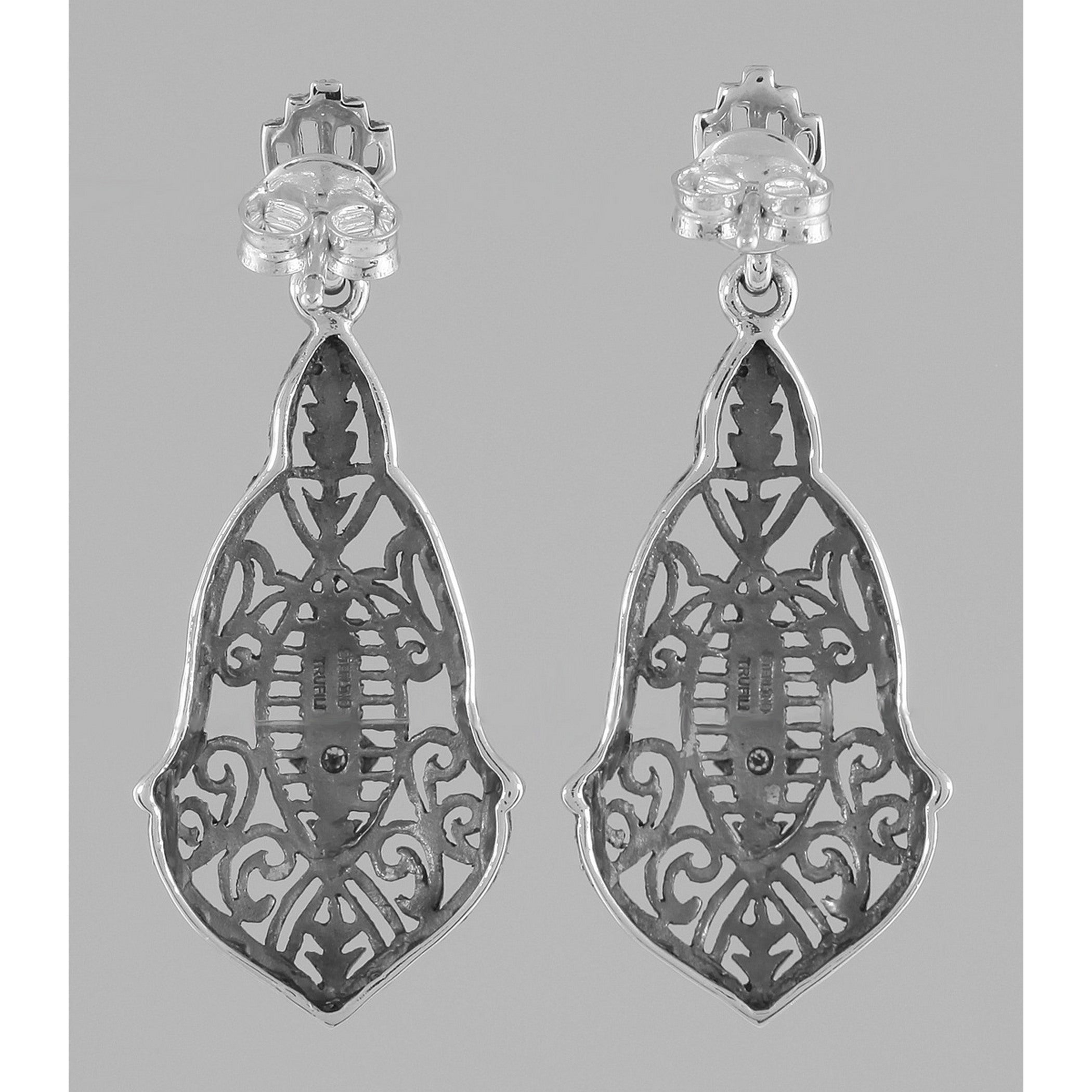 Back view of Victorian Style Diamond Filigree Drop Earrings showing 925 sterling silver hallmark and French wire hooks