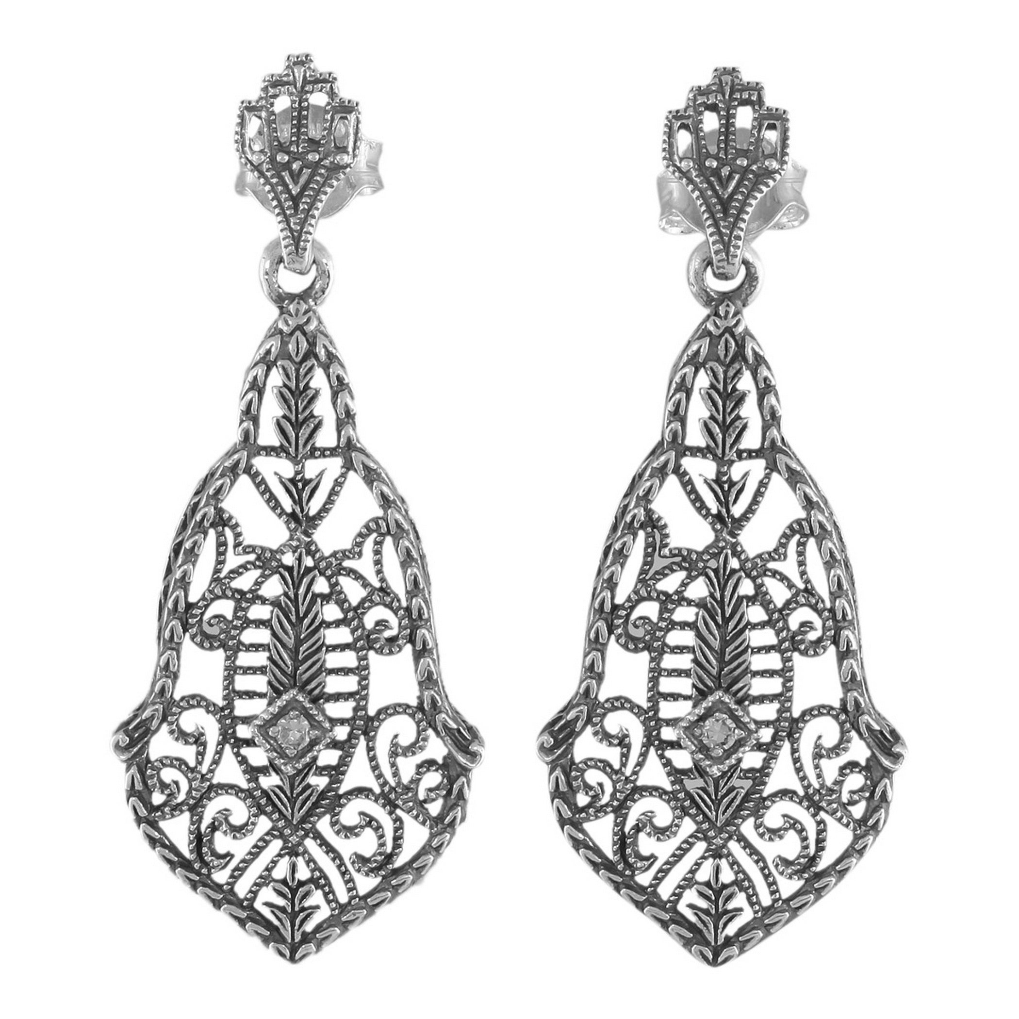 Victorian large filigree drop earrings, bell-shaped open scrollwork, diamond center accent, crown post stud, sterling silver