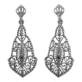 Victorian large open filigree drop earrings, bell-shape scrollwork, blue sapphire accent, crown post stud, sterling silver