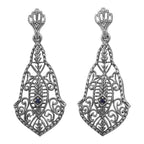 Victorian large open filigree drop earrings, bell-shape scrollwork, blue sapphire accent, crown post stud, sterling silver