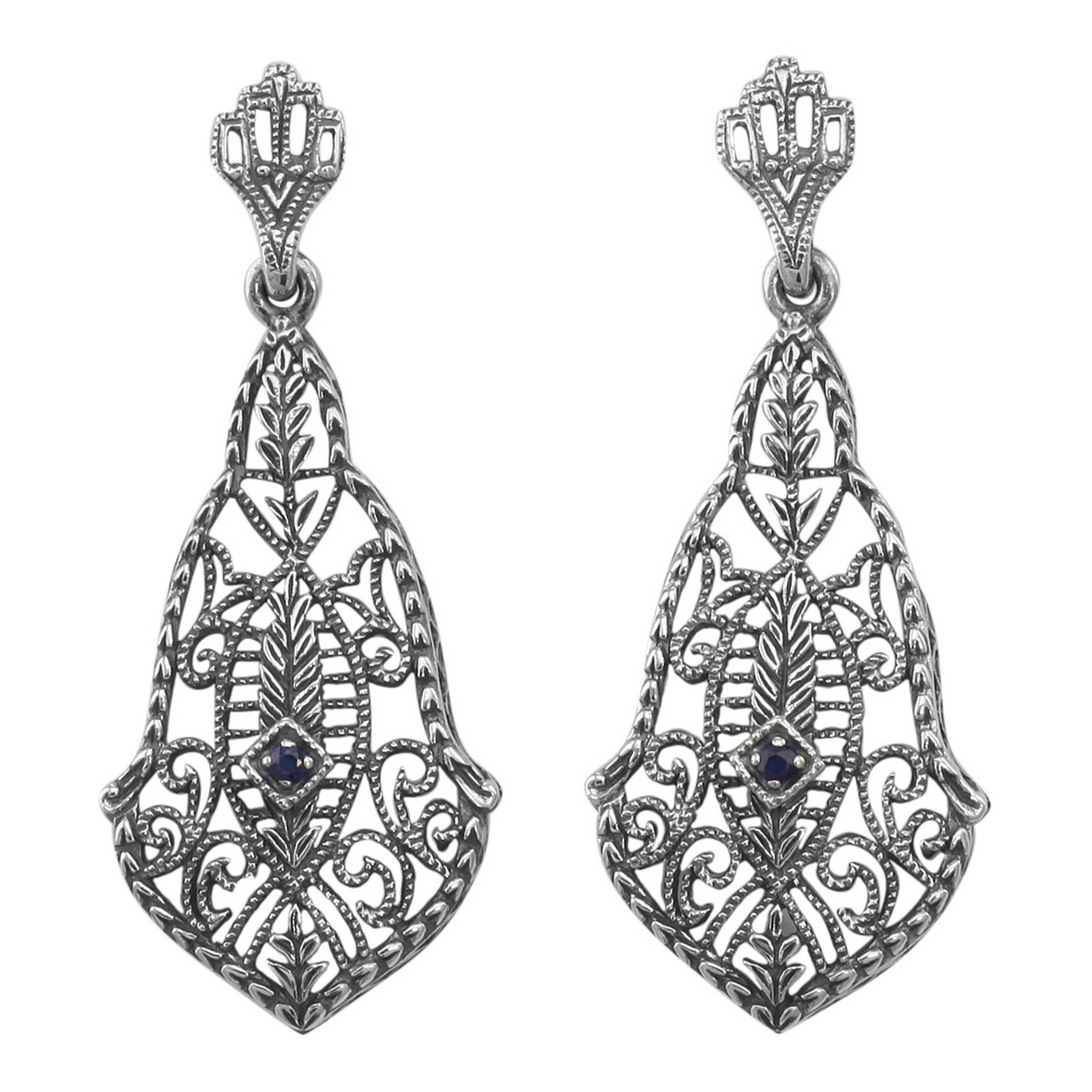 Victorian large open filigree drop earrings, bell-shape scrollwork, blue sapphire accent, crown post stud, sterling silver