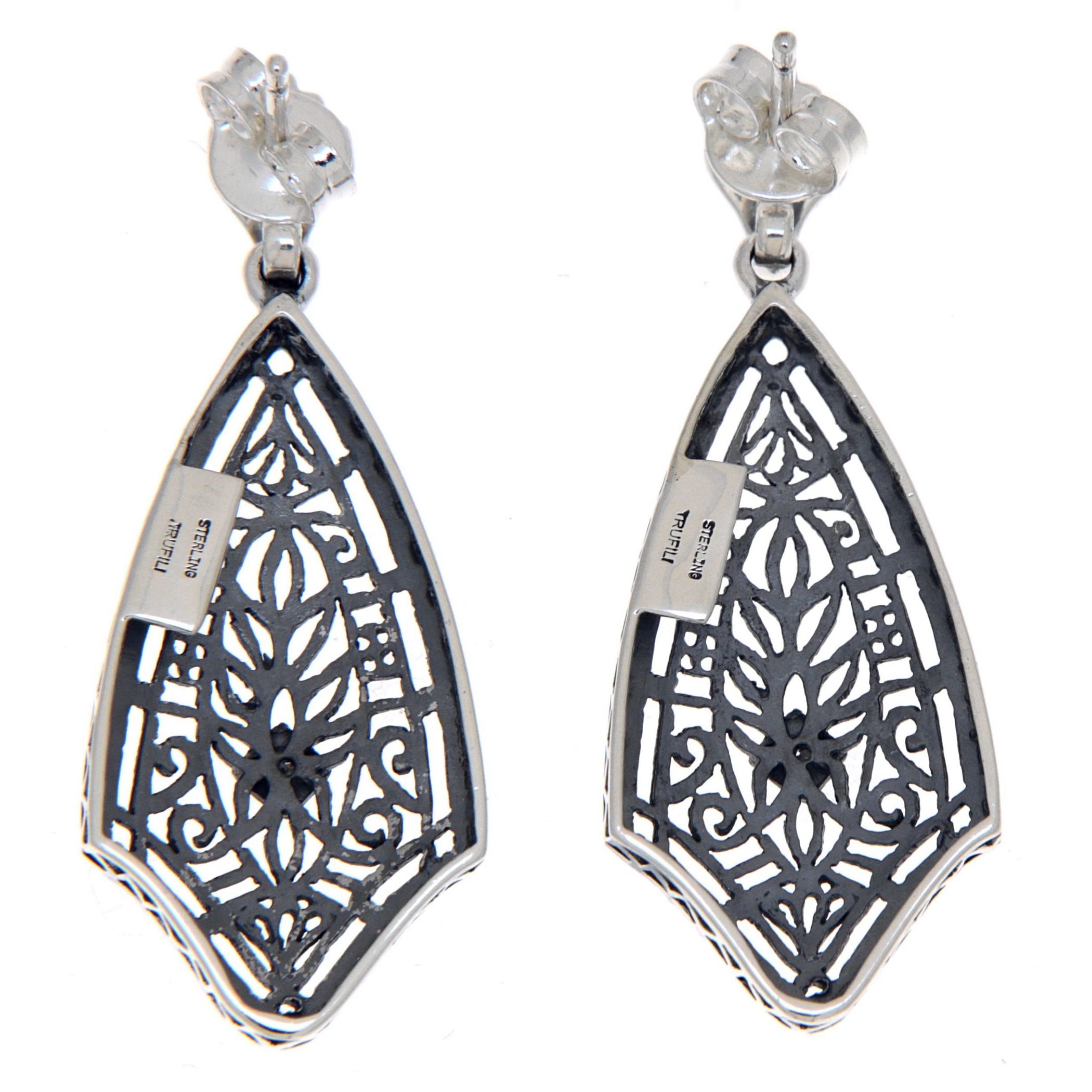Back view of Filigree Earrings w/ Genuine Diamond Center showing 925 sterling silver hallmark and French wire hooks