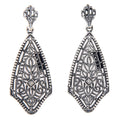 Kite-shaped filigree dangle earrings, marcasite milgrain pattern, genuine diamond center, crown post stud, sterling silver