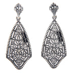 Kite-shaped filigree dangle earrings, marcasite milgrain pattern, genuine diamond center, crown post stud, sterling silver