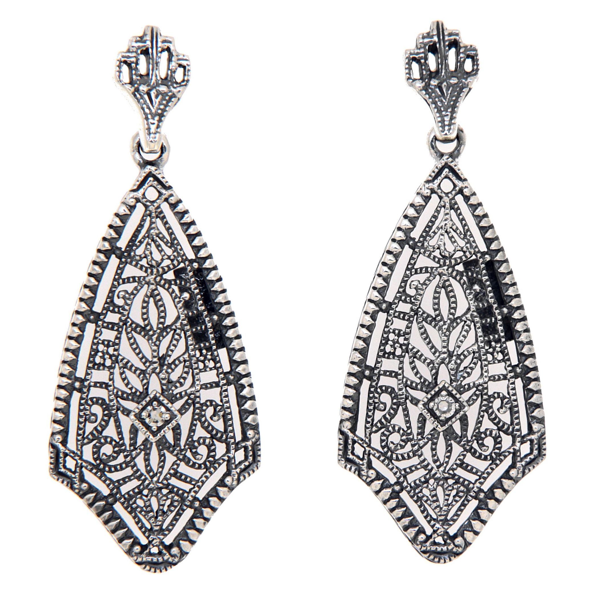 Kite-shaped filigree dangle earrings, marcasite milgrain pattern, genuine diamond center, crown post stud, sterling silver