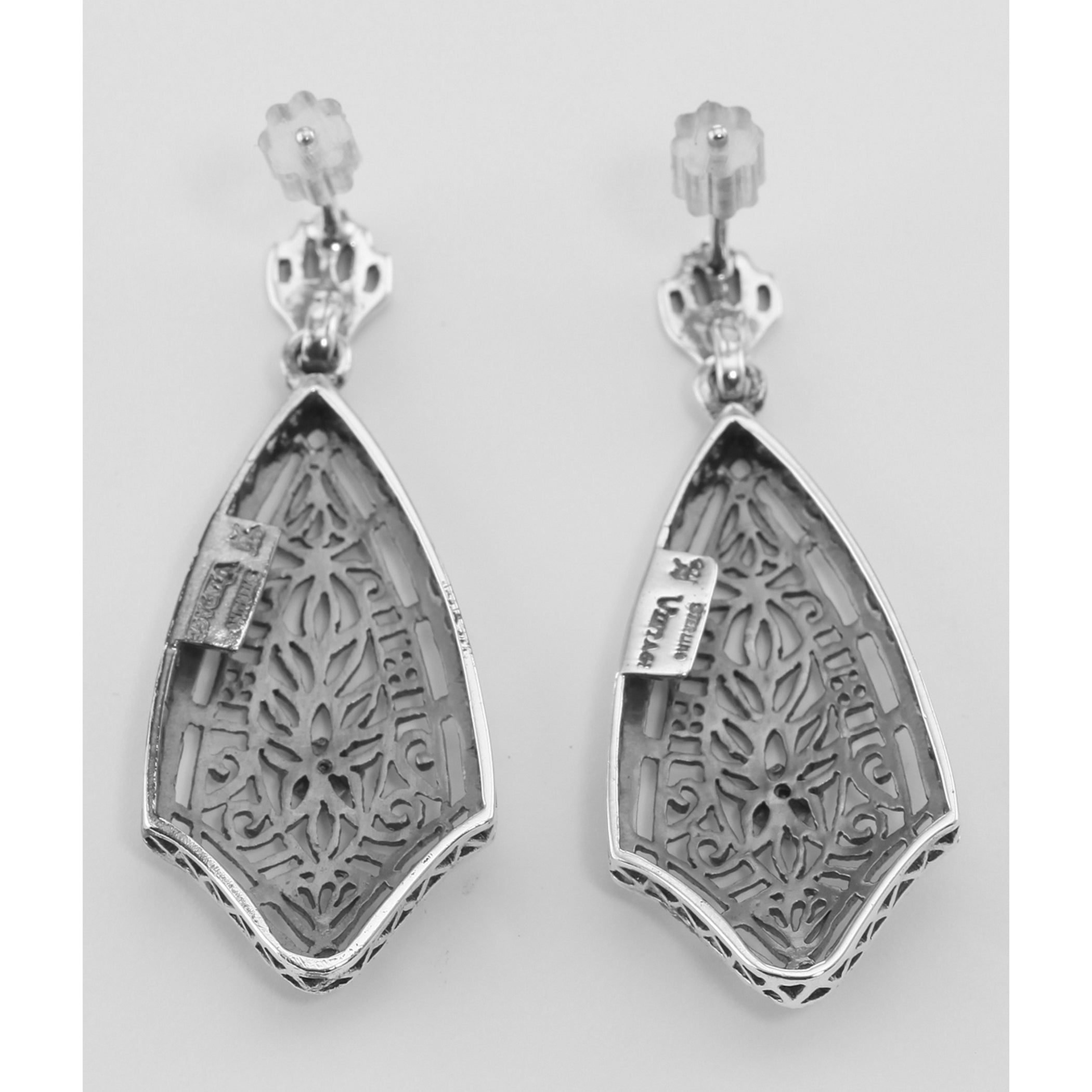 Back view of Filigree Earrings w/ Genuine Blue Sapphire showing 925 sterling silver hallmark and French wire hooks