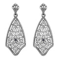 Open kite-shaped filigree dangle earrings, scrollwork pattern, genuine blue sapphire center, crown post stud, sterling silver