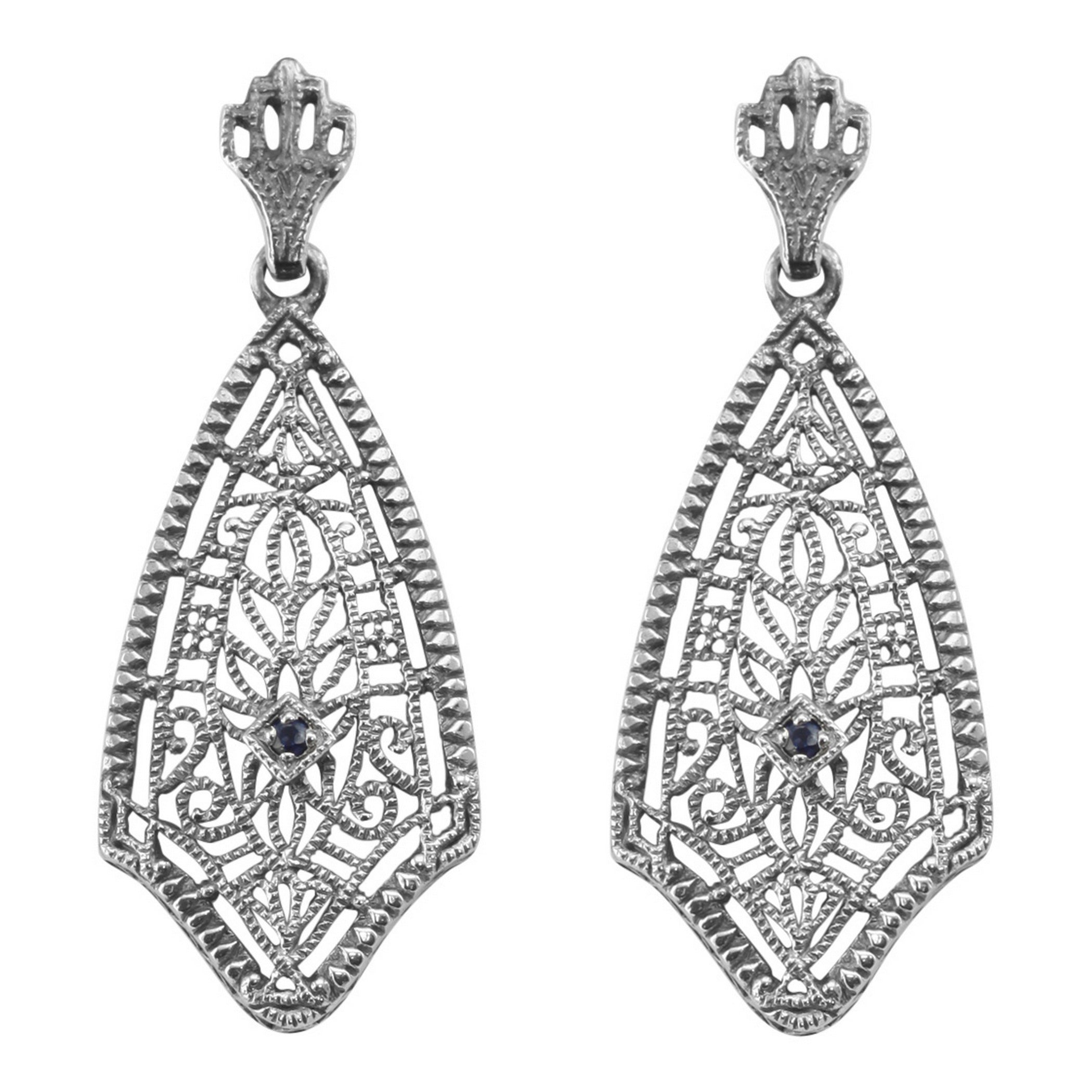 Open kite-shaped filigree dangle earrings, scrollwork pattern, genuine blue sapphire center, crown post stud, sterling silver