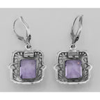 Back view of Art Deco Style 8 Carat TW Amethyst Filigree Earrings showing 925 sterling silver hallmark and French wire hooks