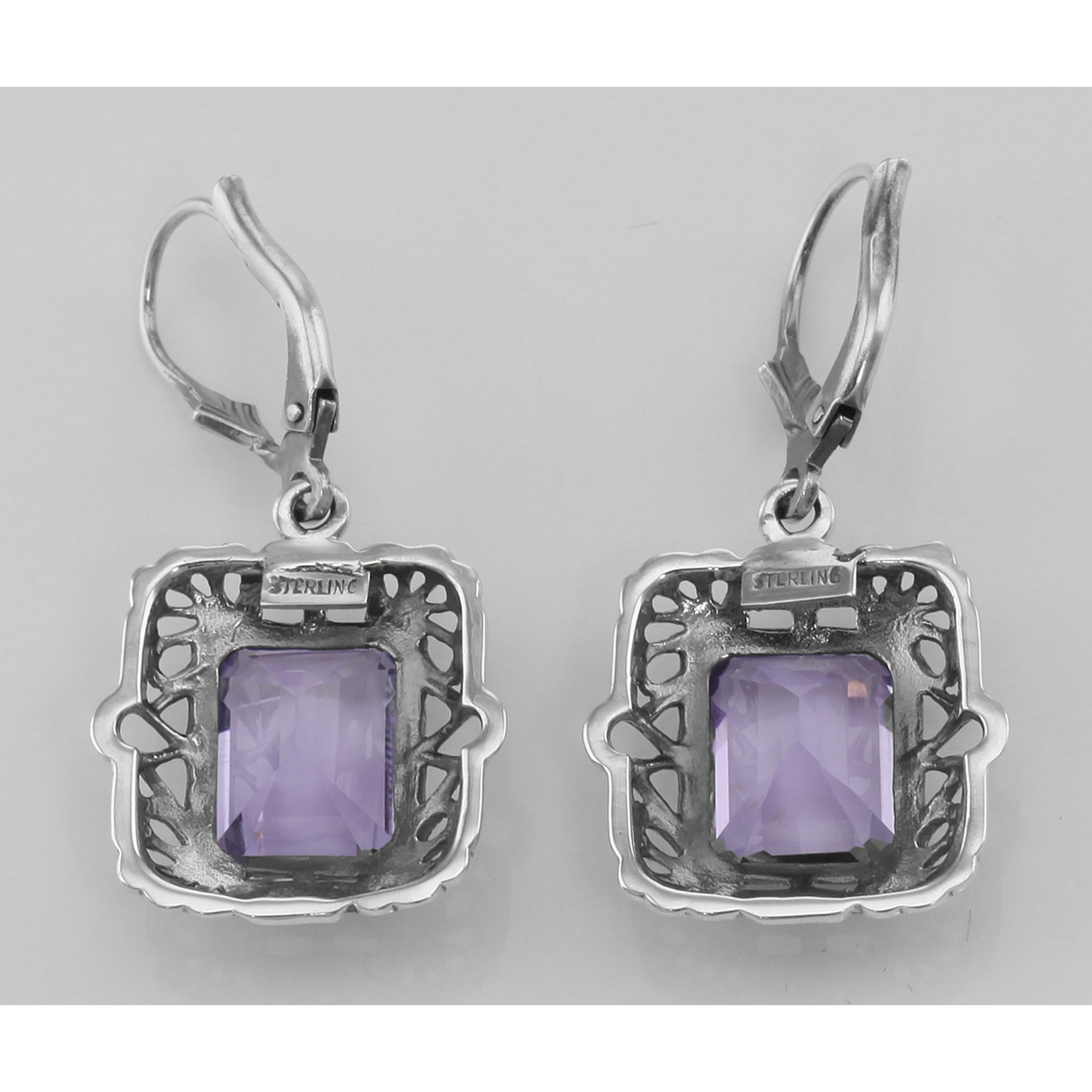 Back view of Art Deco Style 8 Carat TW Amethyst Filigree Earrings showing 925 sterling silver hallmark and French wire hooks