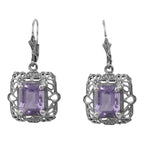 Art Deco square earrings, large emerald-cut amethyst in scalloped filigree frame, lever-back, sterling silver