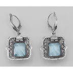 Back view of Art Deco Style Filigree 8 Carat TW Blue Topaz Earrings showing 925 sterling silver hallmark and French wire hooks
