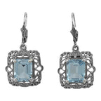 Art Deco square earrings, large emerald-cut blue topaz in scalloped filigree frame, lever-back, sterling silver