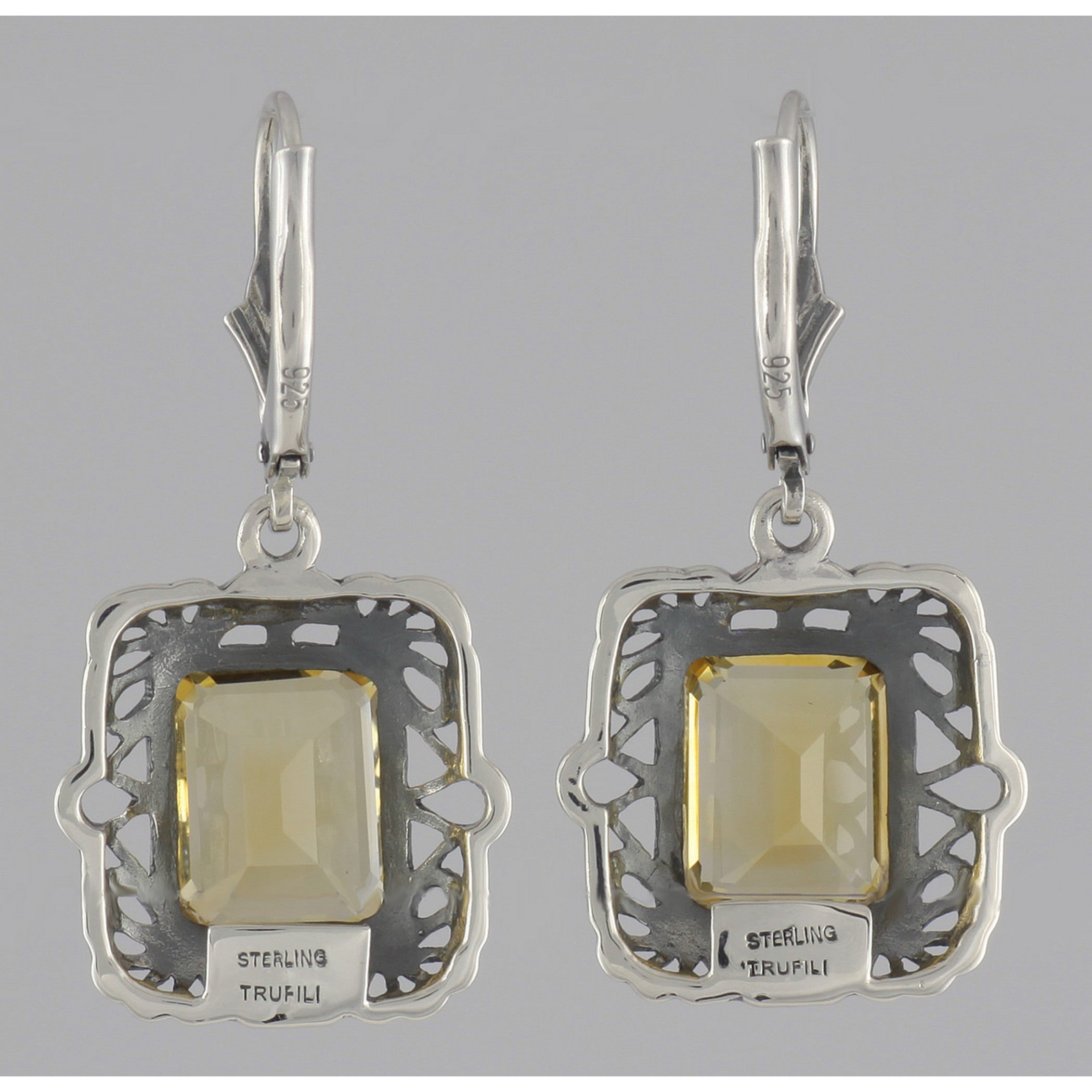 Back view of Victorian Style 8 Carat TW Citrine Filigree Earrings showing 925 sterling silver hallmark and French wire hooks
