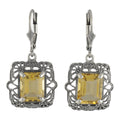 Art Deco square earrings, large emerald-cut golden citrine in scalloped filigree border, lever-back, sterling silver
