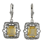 Art Deco square earrings, large emerald-cut golden citrine in scalloped filigree border, lever-back, sterling silver