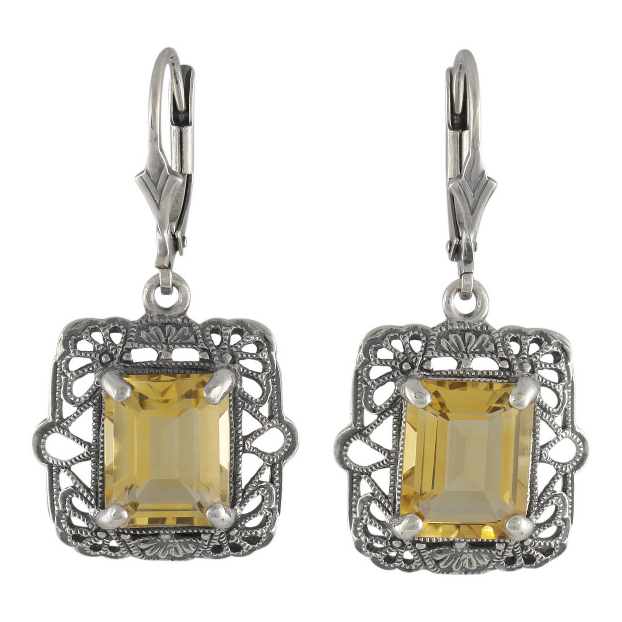 Art Deco square earrings, large emerald-cut golden citrine in scalloped filigree border, lever-back, sterling silver