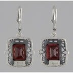 Back view of Victorian Style 8 Carat TW Red Garnet Filigree Earrings showing 925 sterling silver hallmark and French wire hooks