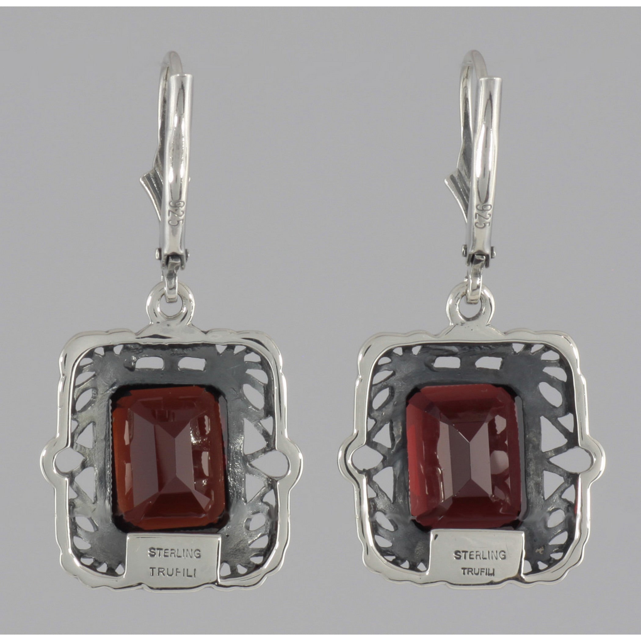 Back view of Victorian Style 8 Carat TW Red Garnet Filigree Earrings showing 925 sterling silver hallmark and French wire hooks