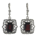 Victorian square earrings, large emerald-cut deep red garnet in scalloped filigree border, lever-back, sterling silver