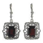 Victorian square earrings, large emerald-cut deep red garnet in scalloped filigree border, lever-back, sterling silver