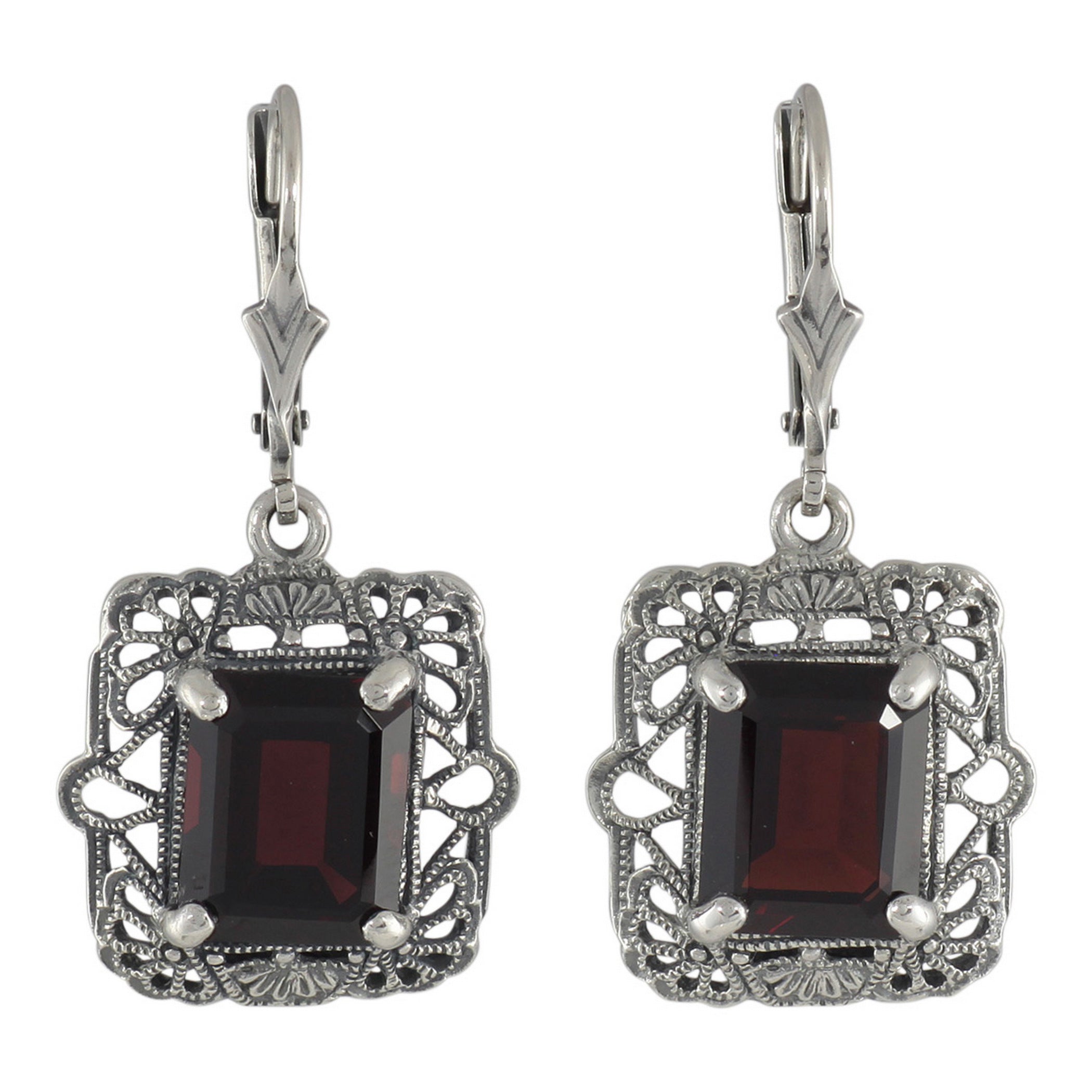 Victorian square earrings, large emerald-cut deep red garnet in scalloped filigree border, lever-back, sterling silver