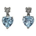 Sterling silver heart blue topaz dangle earrings, large faceted heart stone in prong setting, ornate filigree post, oxidized