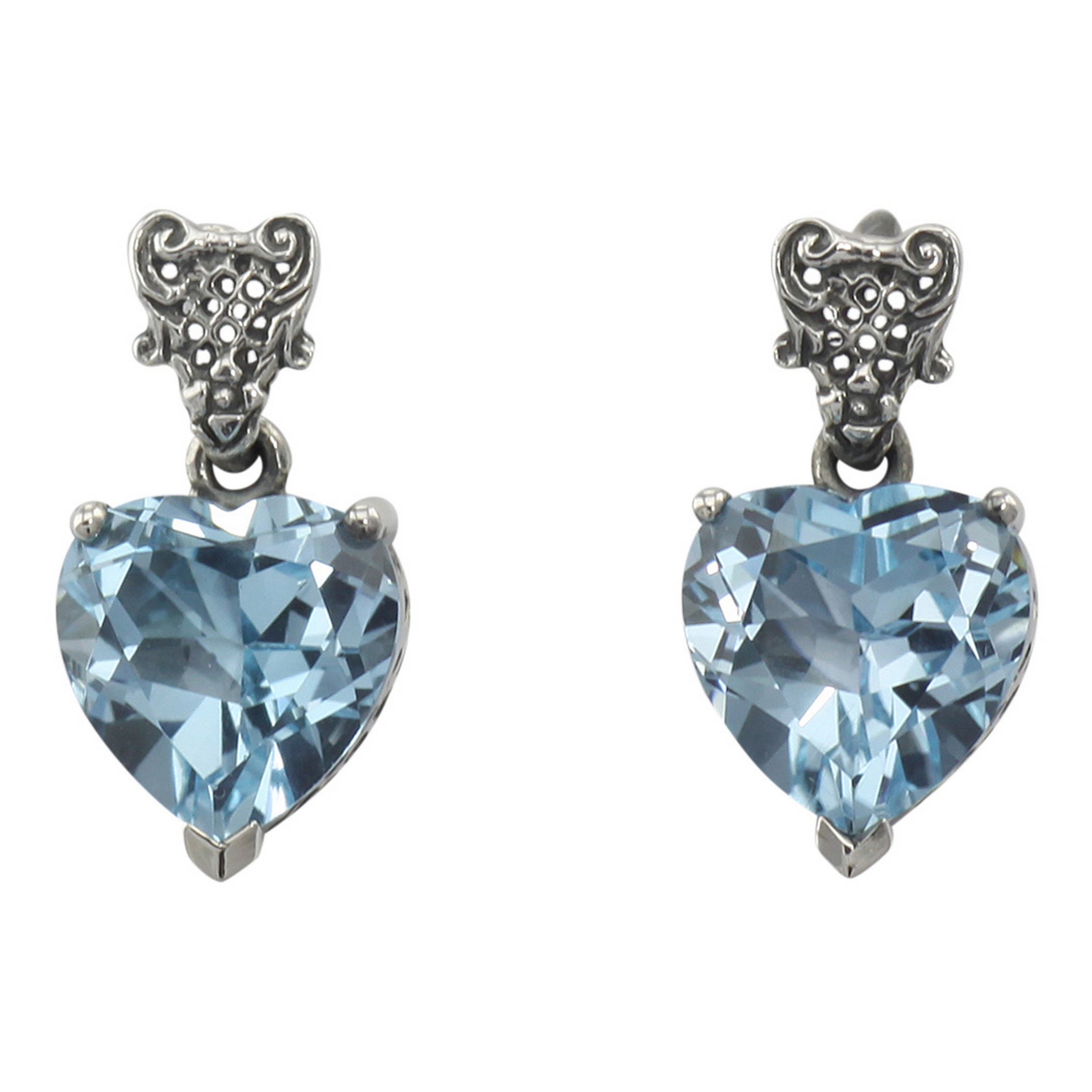 Sterling silver heart blue topaz dangle earrings, large faceted heart stone in prong setting, ornate filigree post, oxidized