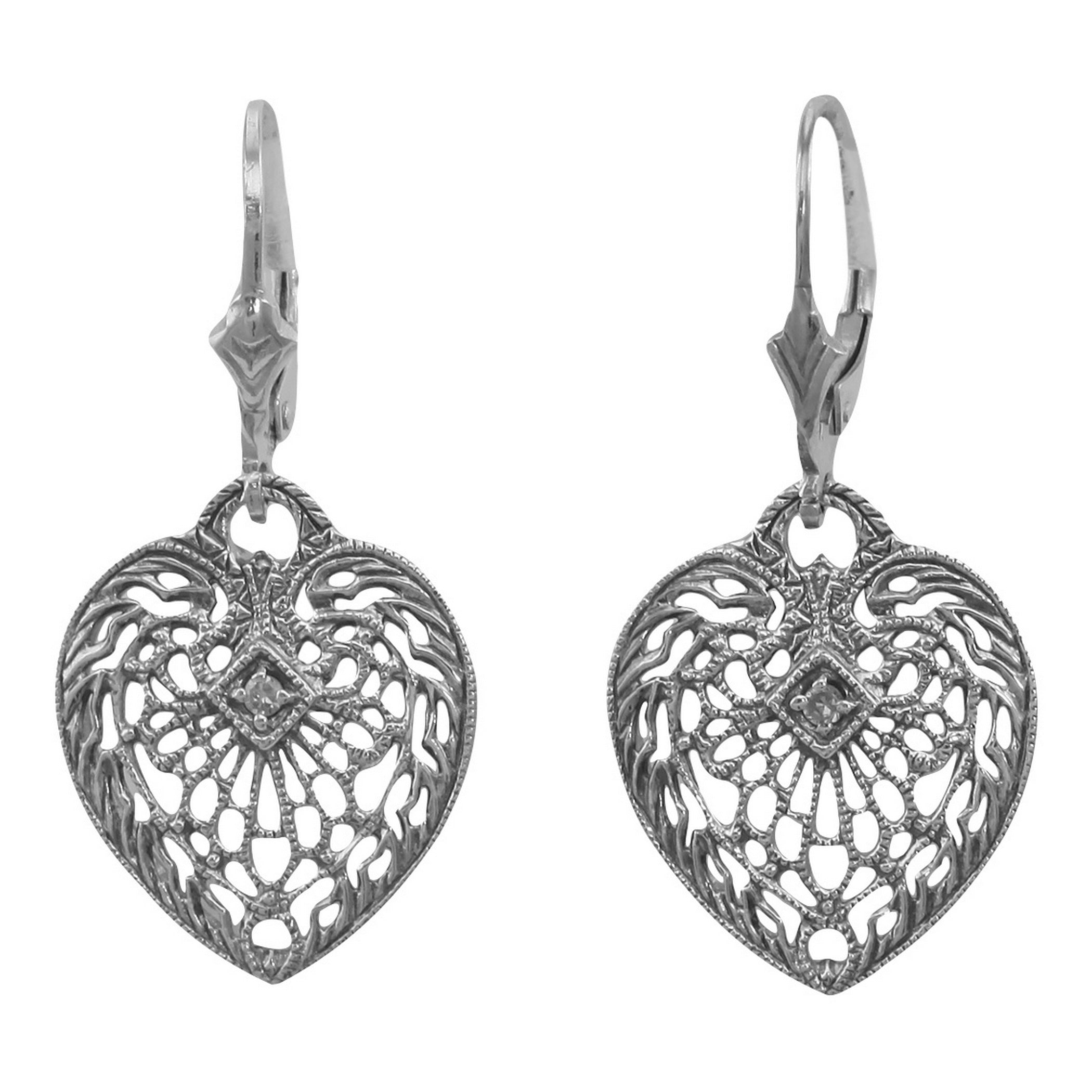 Antique open filigree heart dangle earrings, intricate vine leaf scrollwork, diamond accent, lever-back, sterling silver