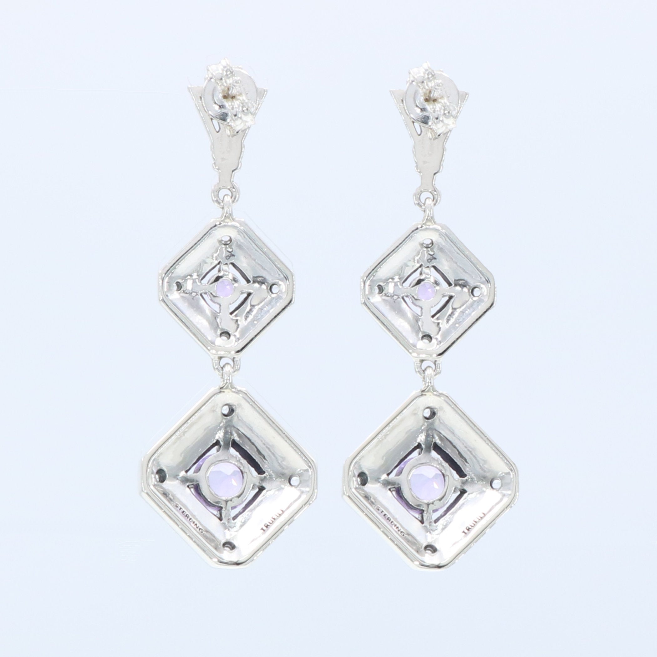 Back view of Art Deco Style Amethyst Two Tiered Earrings showing 925 sterling silver hallmark and French wire hooks
