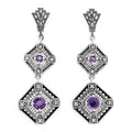 Art Deco two-tiered earrings, amethyst rounds in filigree diamond frames, diamond accents, fan-shaped post, sterling silver