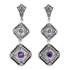 Art Deco two-tiered earrings, amethyst rounds in filigree diamond frames, diamond accents, fan-shaped post, sterling silver